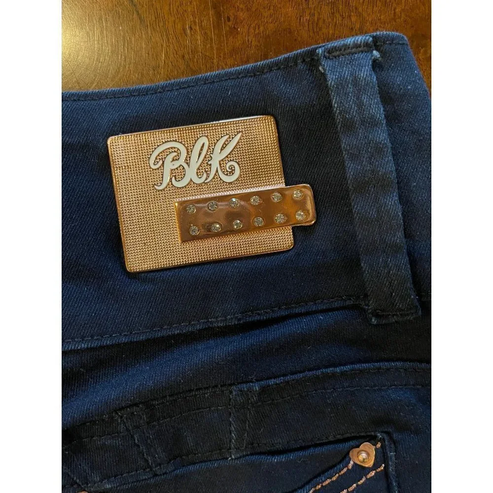 BLK DNM Blue Dark Wash Jeweled Button Wide Waistband Slim Jeans Size 28‎